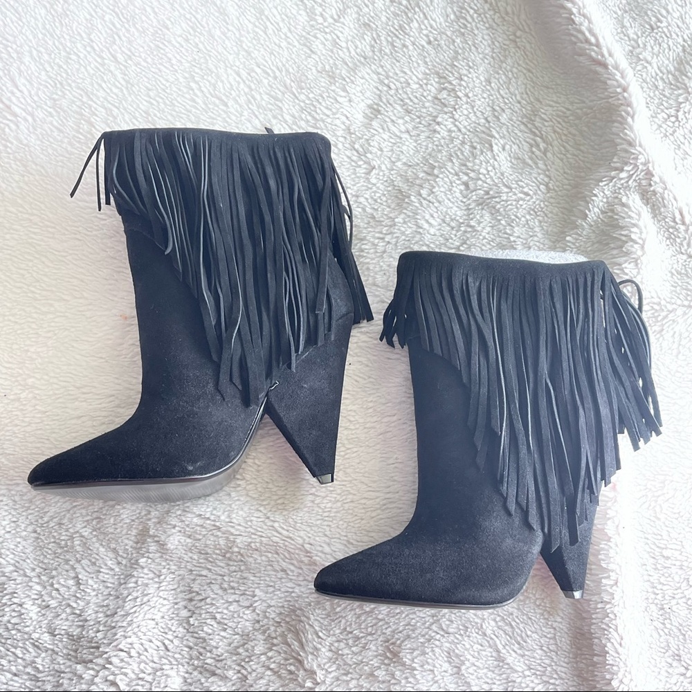 Steve Madden Payyton fringe leather black point toe heel bootie